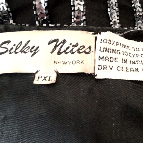 Vintage Silky Nites Black Silk Silver Sequined Evening Jacket Size PXL - Picture 5 of 5